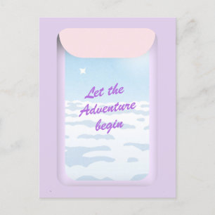 Adventure begin blue sky plane window postcard