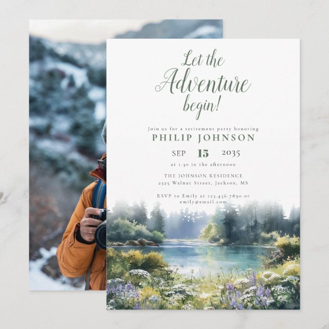 Adventure Begin Forest Lake Retirement Party Photo Invitation (Front/Back)