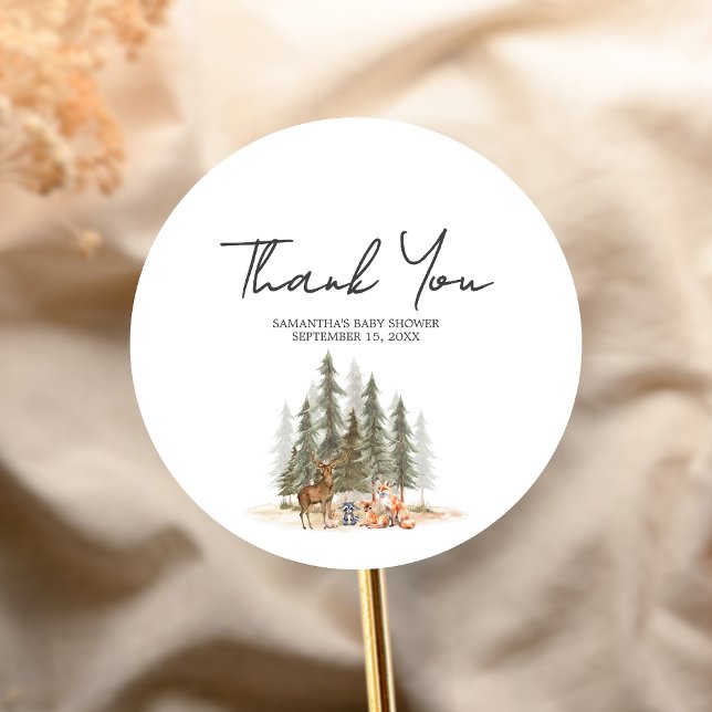 Adventure Begin Woodland Animals Baby Shower Classic Round Sticker (Let the Adventure Begin Woodland Animals Baby Shower Sticker)