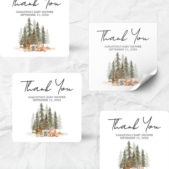 Adventure Begin Woodland Animals Baby Shower Square Sticker (Let the Adventure Begin Woodland Animals Baby Shower Sticker)