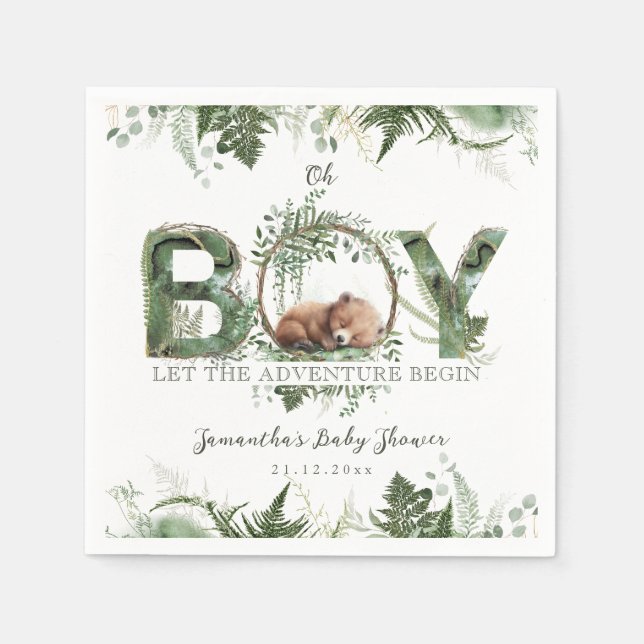 Adventure Begin Woodland Bear Baby Boy Shower Napkin (Front)