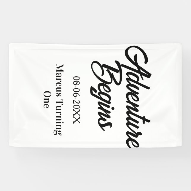 Adventure begins 1st birthday name date simple min banner (Horizontal)