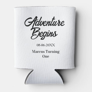 Adventure begins 1st birthday name date simple min can cooler