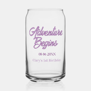 Adventure begins 1st birthday name date simple min can glass