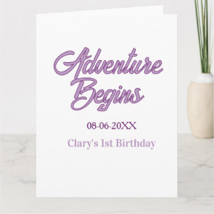 Adventure begins 1st birthday name date simple min card