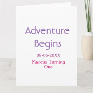 Adventure begins 1st birthday name date simple min card