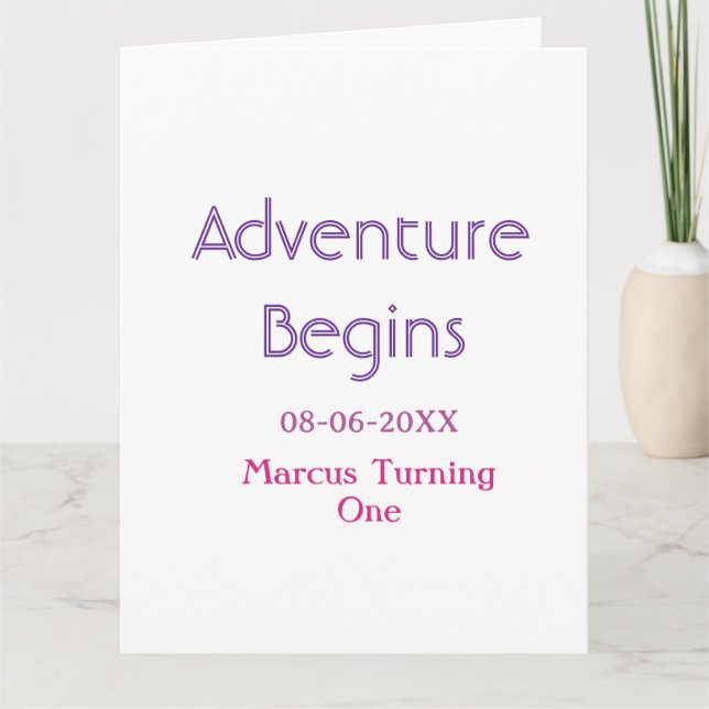 Adventure begins 1st birthday name date simple min card (Front)
