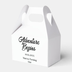 Adventure begins 1st birthday name date simple min favor box