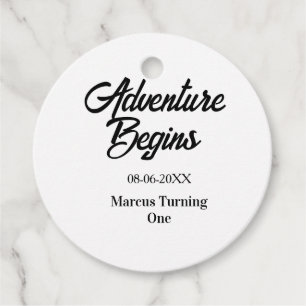 Adventure begins 1st birthday name date simple min favour tags