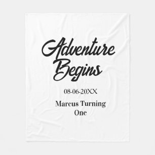 Adventure begins 1st birthday name date simple min fleece blanket
