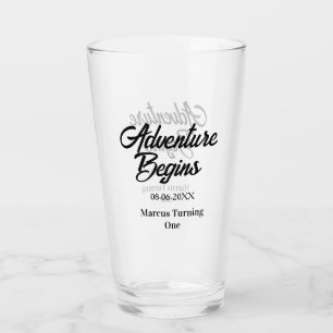 Adventure begins 1st birthday name date simple min glass