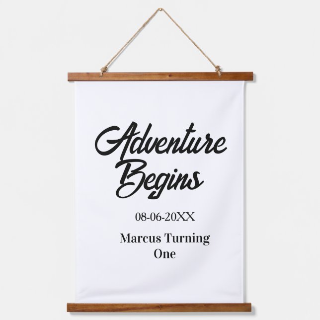 Adventure begins 1st birthday name date simple min hanging tapestry (Front)