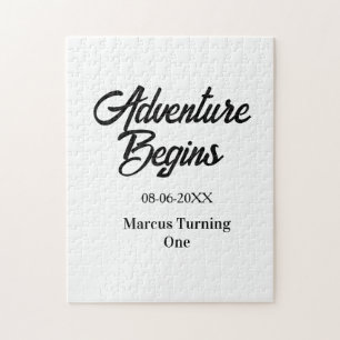 Adventure begins 1st birthday name date simple min jigsaw puzzle
