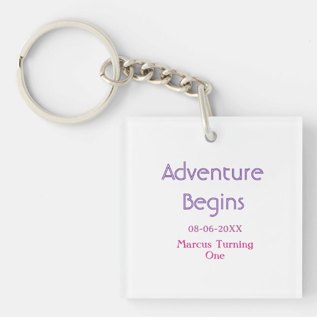 Adventure begins 1st birthday name date simple min keychain (Front)