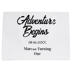 Adventure begins 1st birthday name date simple min large gift bag
