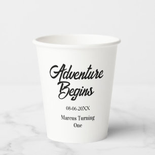 Adventure begins 1st birthday name date simple min paper cups
