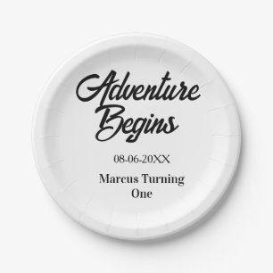Adventure begins 1st birthday name date simple min paper plate