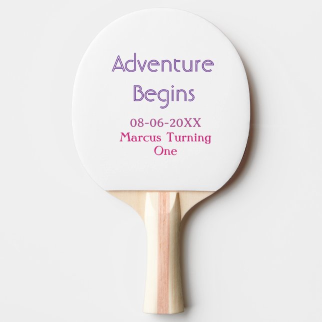 Adventure begins 1st birthday name date simple min ping pong paddle (Front)