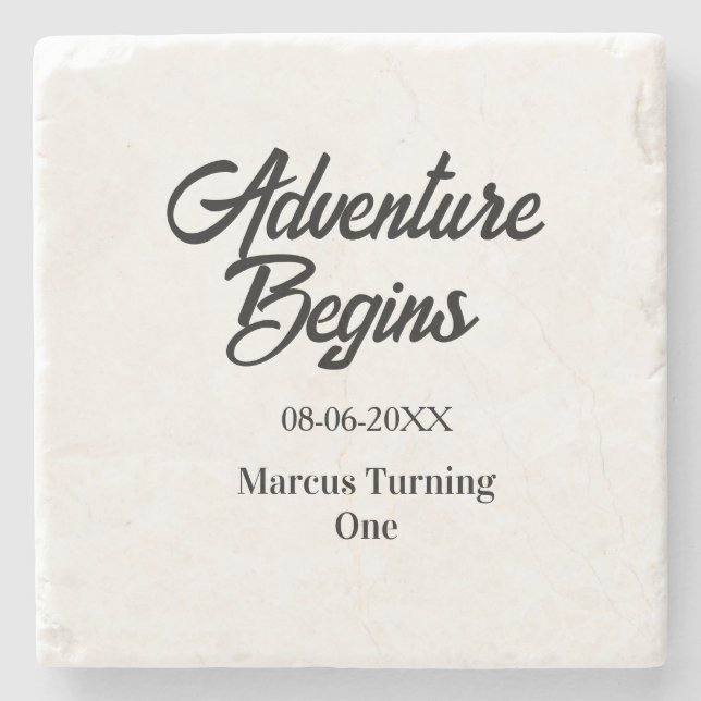 Adventure begins 1st birthday name date simple min stone coaster (Front)