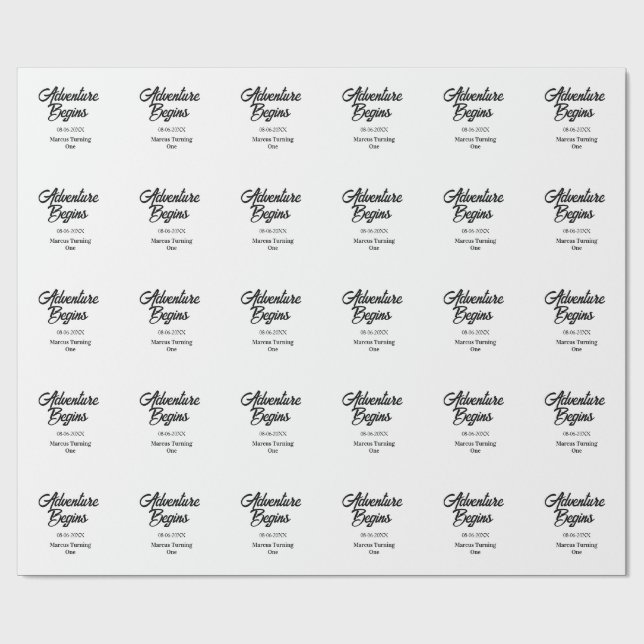 Adventure begins 1st birthday name date simple min wrapping paper (Flat)