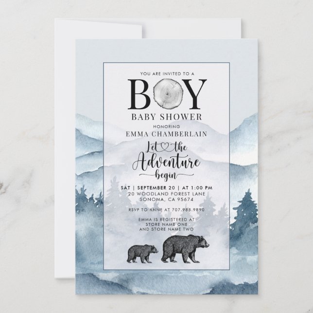 Adventure Begins Baby Boy Shower Forest Watercolor Invitation (Front)