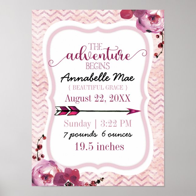 Adventure Begins Baby Girl Birth Stats Pink Arrow Poster (Front)