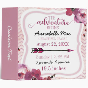 Adventure Begins Baby Girl Birth Stats Scrapbook Binder