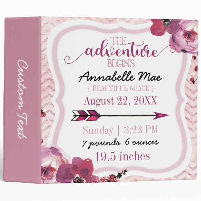 Adventure Begins Baby Girl Birth Stats Scrapbook Binder (Front/Spine)