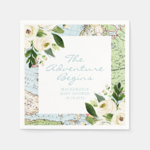 Adventure Begins Baby Shower Floral Map Custom Napkin
