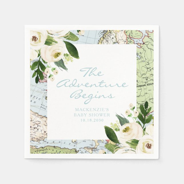 Adventure Begins Baby Shower Floral Map Custom Napkin (Front)