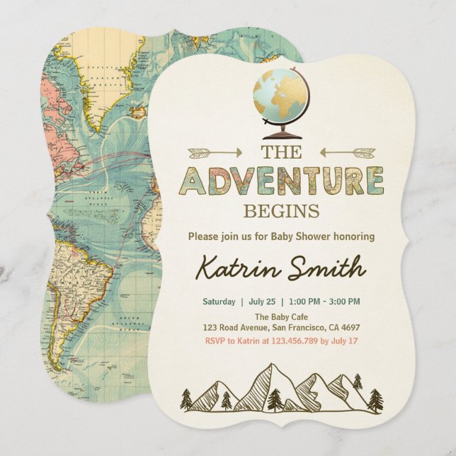 Adventure begins Baby shower invitation Globe map (Front/Back)