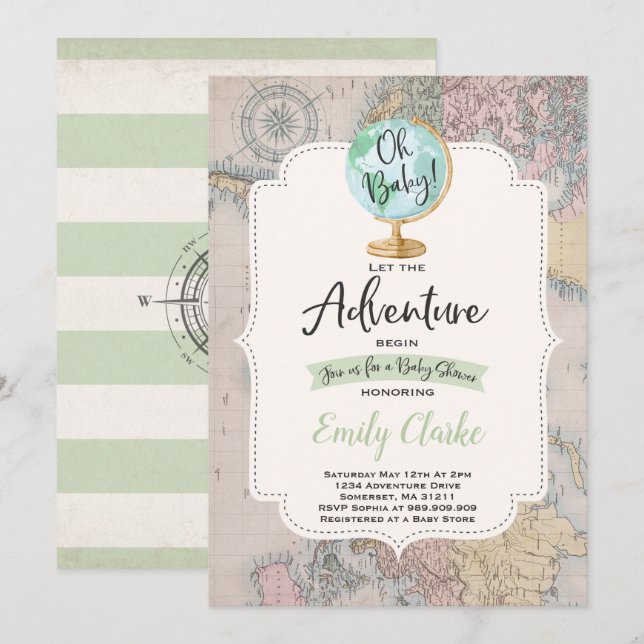 Adventure Begins Baby Shower Invitation Map Shower (Front/Back)