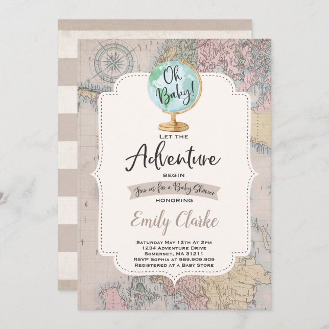 Adventure Begins Baby Shower Invitation Map Shower (Front/Back)