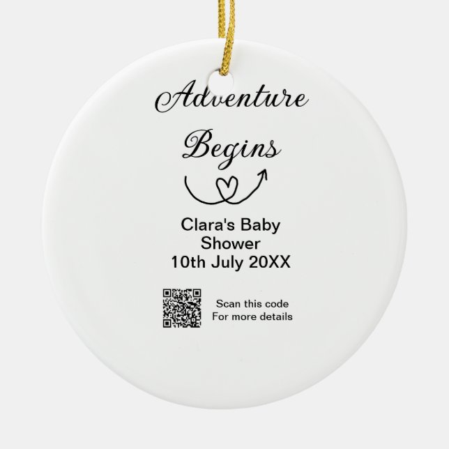 Adventure begins baby shower scan QR code heart si Ceramic Ornament (Front)