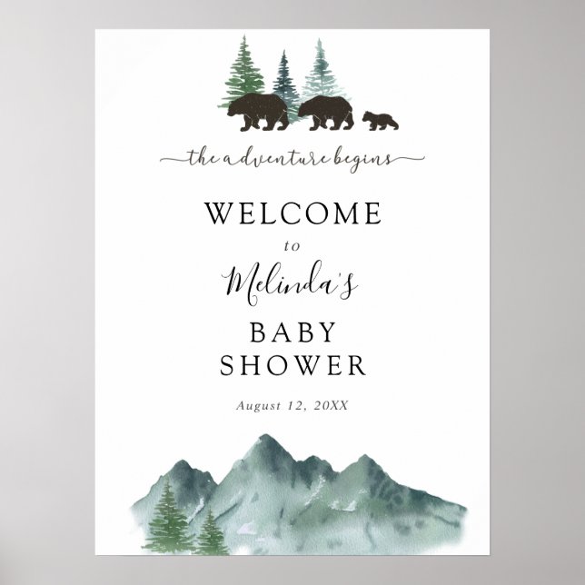 Adventure Begins Bear Baby Shower Welcome Poster (Front)