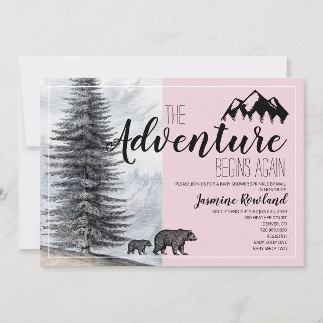 Adventure Begins Bear Pink Baby Sprinkle By Mail Invitation (Front)
