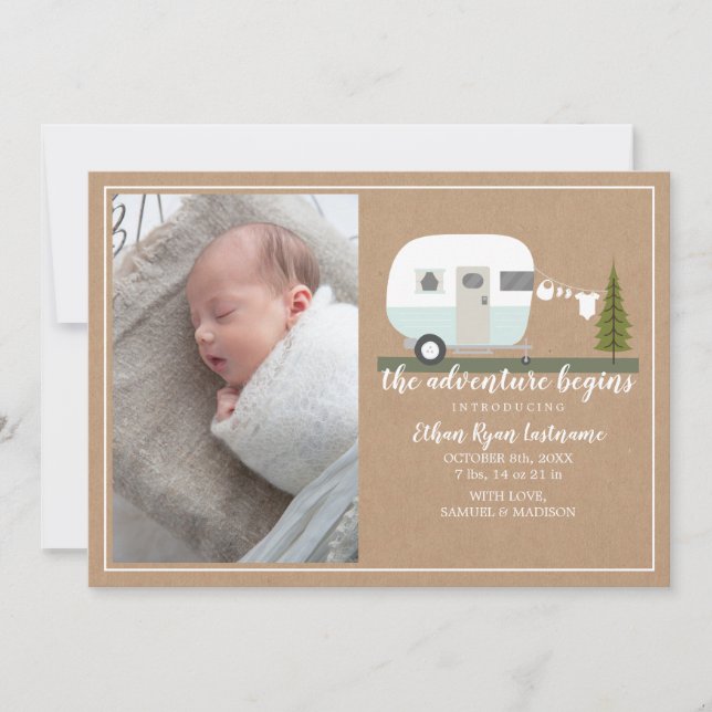 Adventure Begins Blue Camper Baby Birth Announcement (Front)