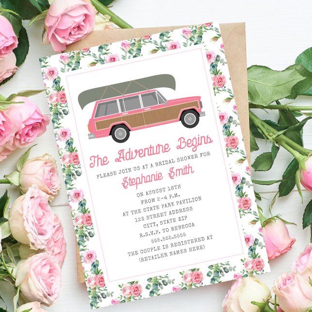Adventure Begins Canoe Pink Car Bridal Invitation (Creator Uploaded)