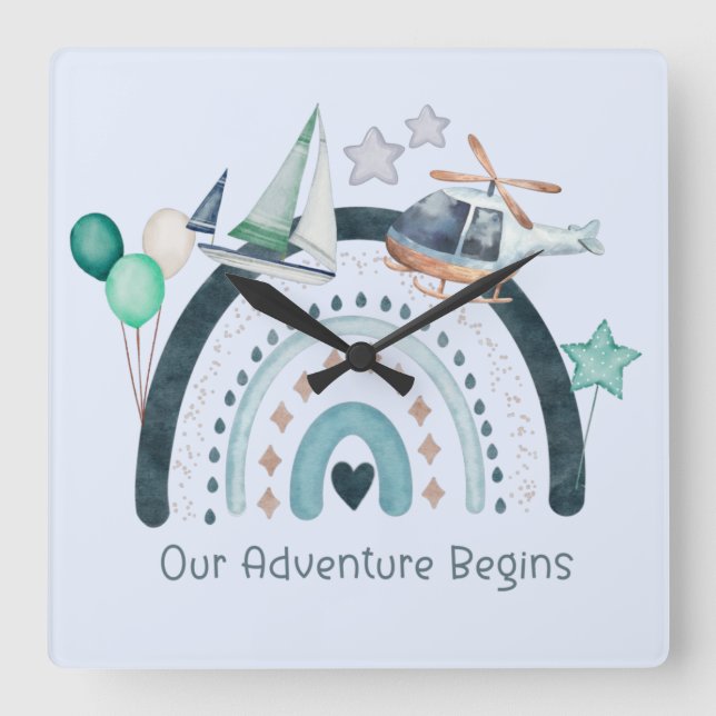 Adventure Begins Cute Rainbow with Toys Square Wall Clock (Front)