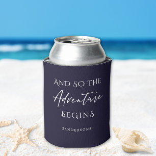 Adventure Begins Dark Blue Personalized Can Cooler