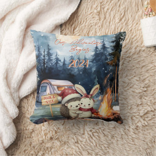 Adventure Begins First Christmas Newlywed Ornament Throw Pillow