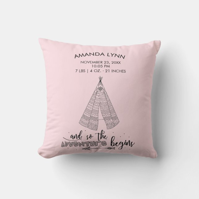Adventure Begins GIRLS Baby Birth Stats Pillow (Front)