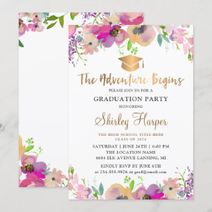 Adventure Begins Gold Script Floral Graduation Invitation