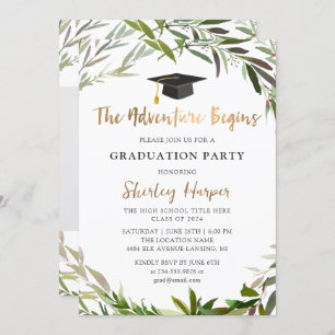 Adventure Begins Gold Script Greenery Graduation Invitation