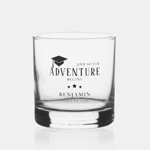 Adventure Begins Grad Black Cap Personalized Gift Whiskey Glass