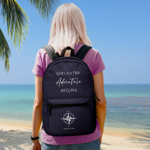 Adventure Begins Navy Travel Personalized  Printed Backpack