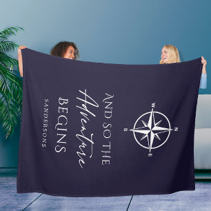 Adventure Begins Personalized Dark Blue Fleece Blanket