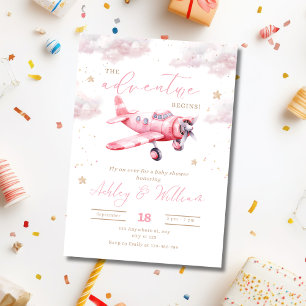 Adventure Begins Pink Airplane Girl Baby Shower