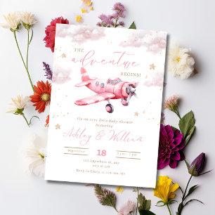 Adventure Begins Pink Airplane Girl Baby Shower Invitation