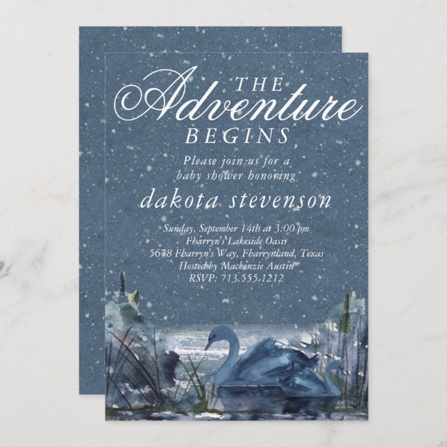 Adventure Begins | Rustic Snowy Blue Baby Shower Invitation (Front/Back)